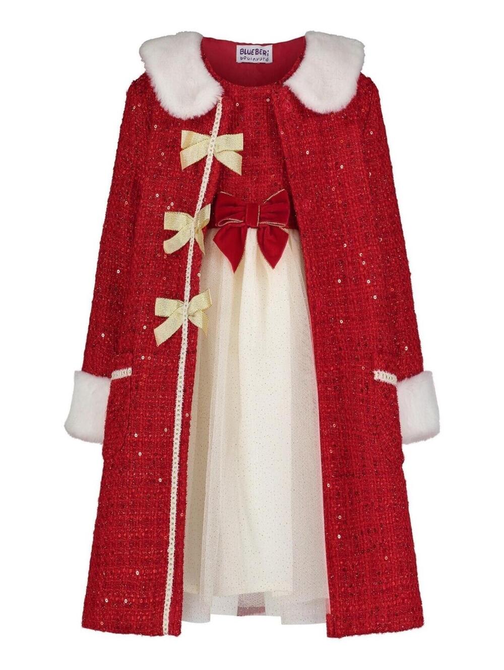 $88 B Boulevard Fit-and-Flare Sequn Tweed Dress Coat Hat Set Holiday Red 6X